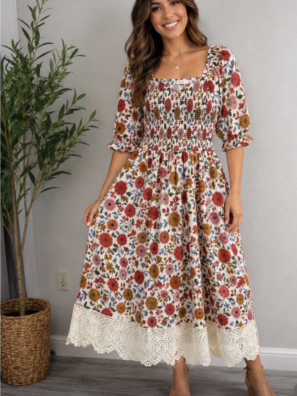 Ivy City Co White Floral Maxi Dress with Red & Mustard Flowers